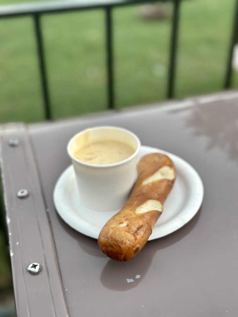 Food & Wine Festival cheddar cheese soup with pretzel bread from Canada