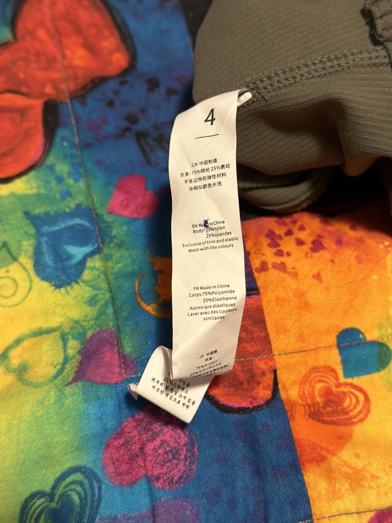 CVS Dorado Resort Wear tag with materials and wash instructions