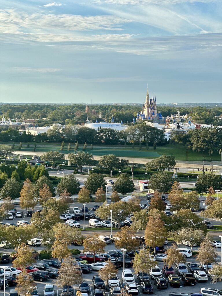 Cinderella Castle view from the balcony of The Conteporary Resort in a theme park view room